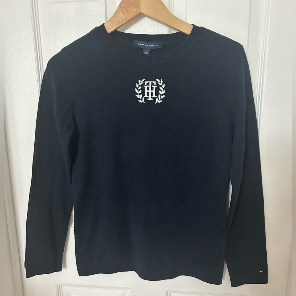 Tommy Hilfiger Lightweight Navy Cotton Crewneck Sweater with White Logo